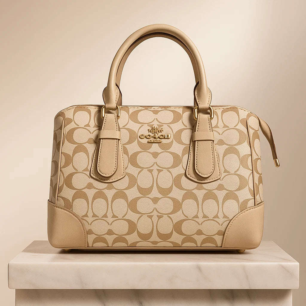 Classic Beige Signature Canvas Handbag with Leather Trim
