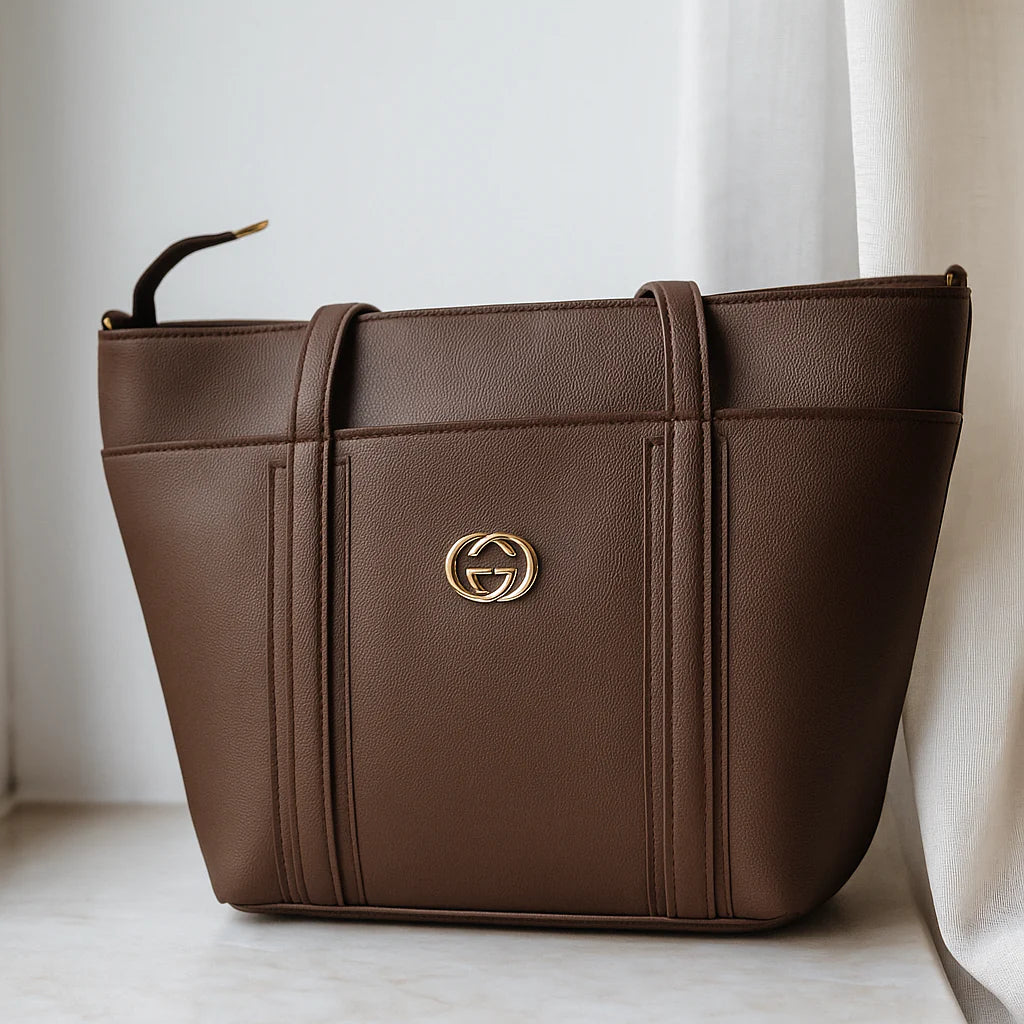Luxury Brown Leather Tote Bag with Signature Gold Emblem