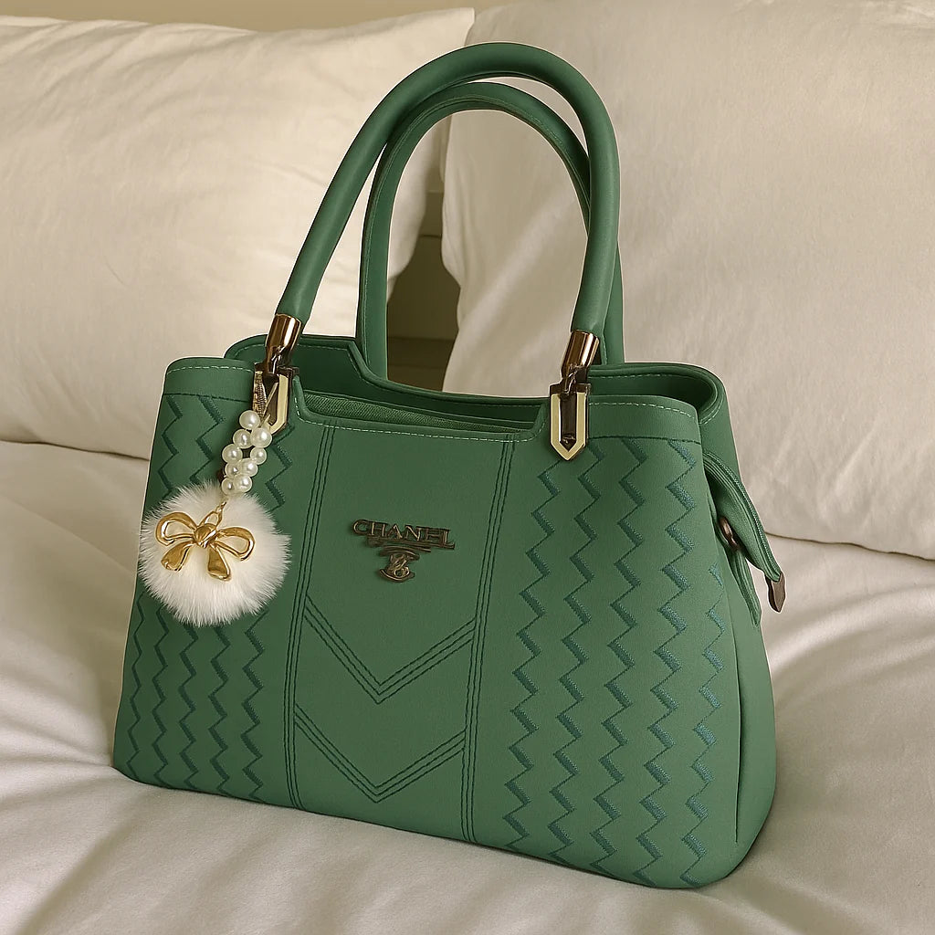 Elegant Green Designer Handbag with Chic Charm Accessory