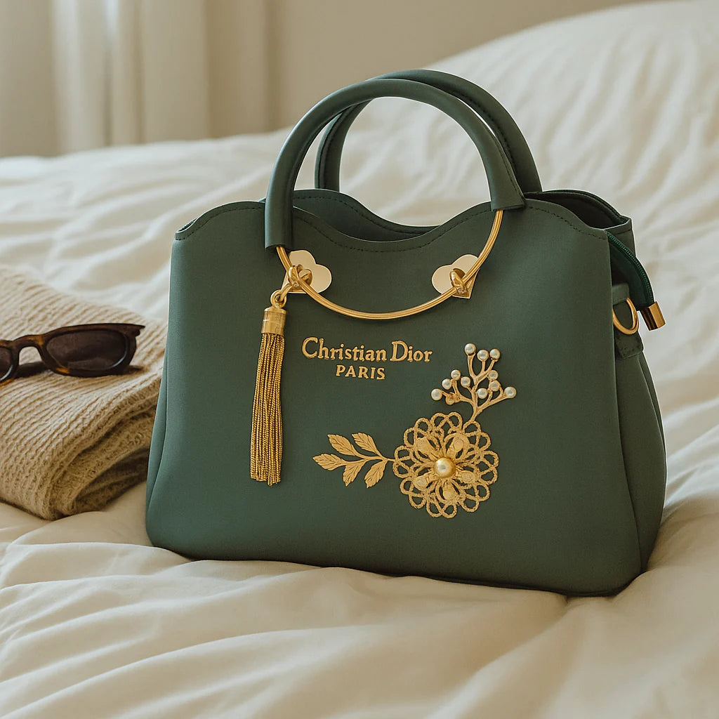 Elegant Green Christian Dior-Inspired Handbag with Golden Floral Embellishment