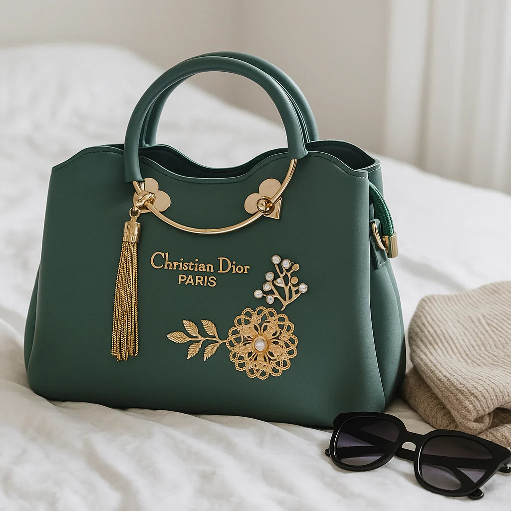 Elegant Green Christian Dior-Inspired Handbag with Golden Floral Embellishment