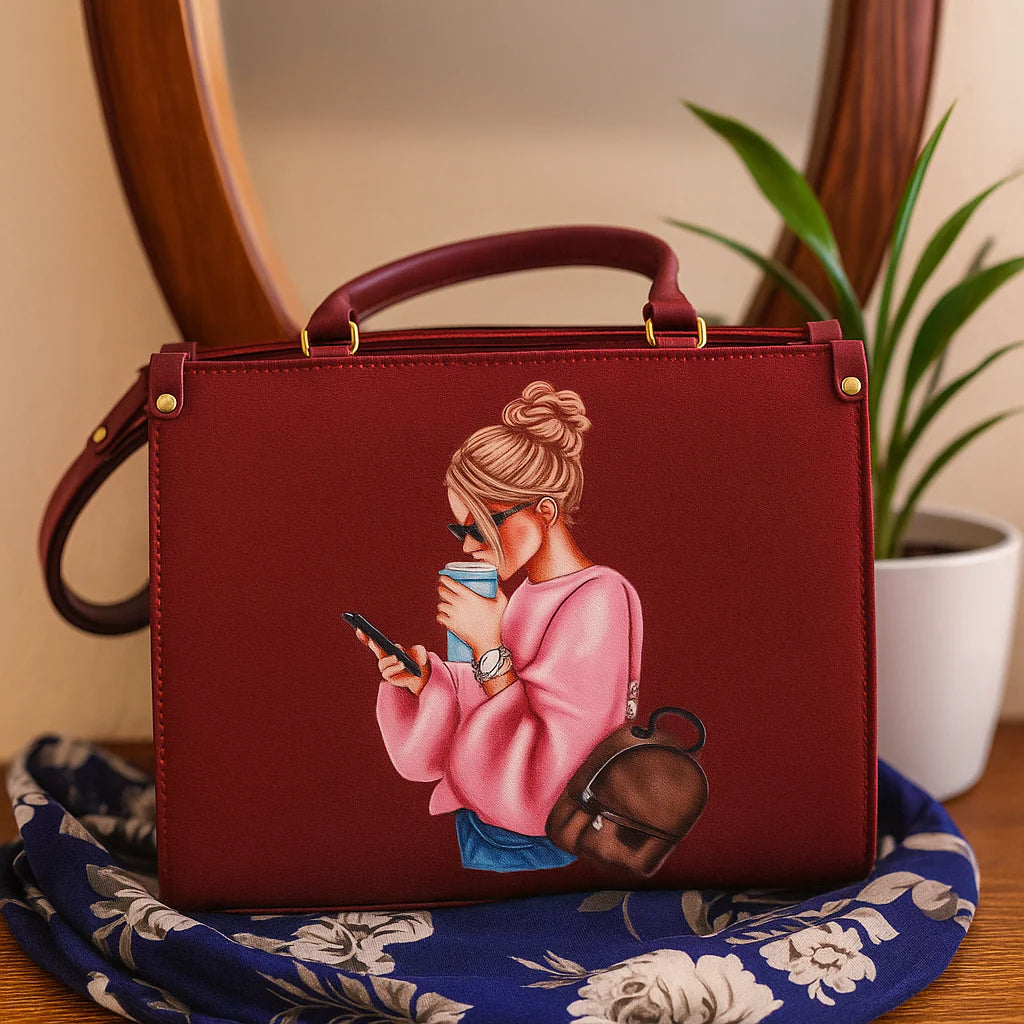 Trendy Maroon Handbag with Coffee Girl Art