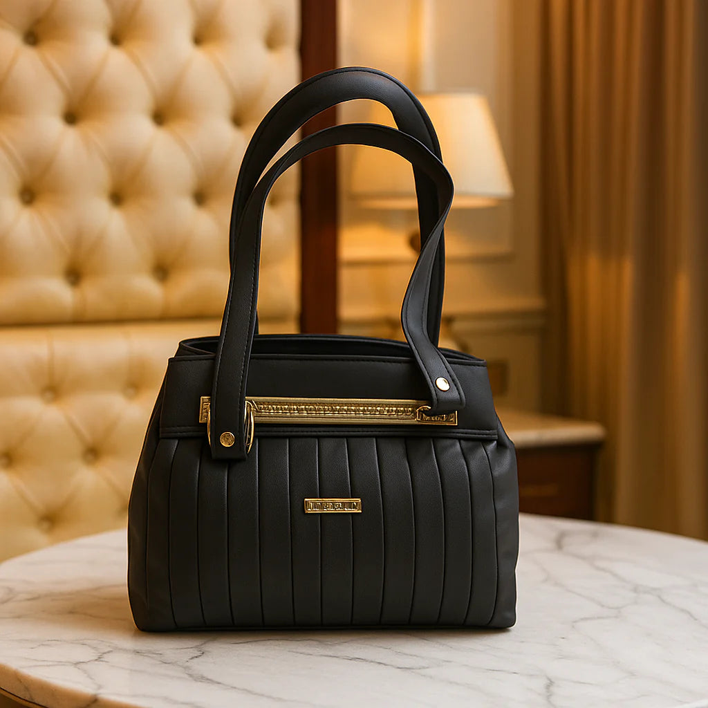 Elegant Black Leather Handbag with Gold Detailing