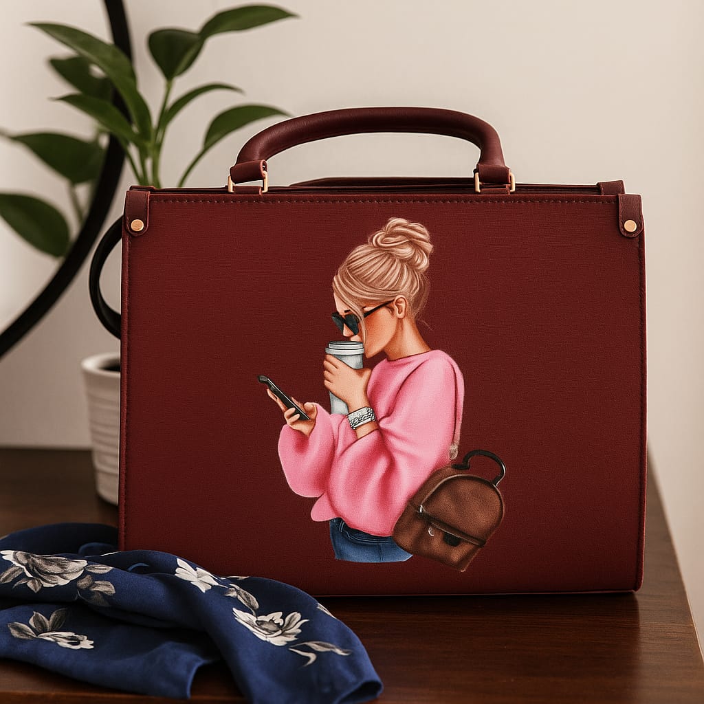 Trendy Maroon Handbag with Coffee Girl Art