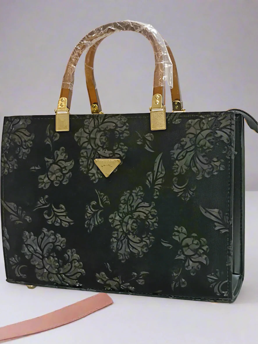 Elegant Black Floral Embossed Handbag with Wooden Handles