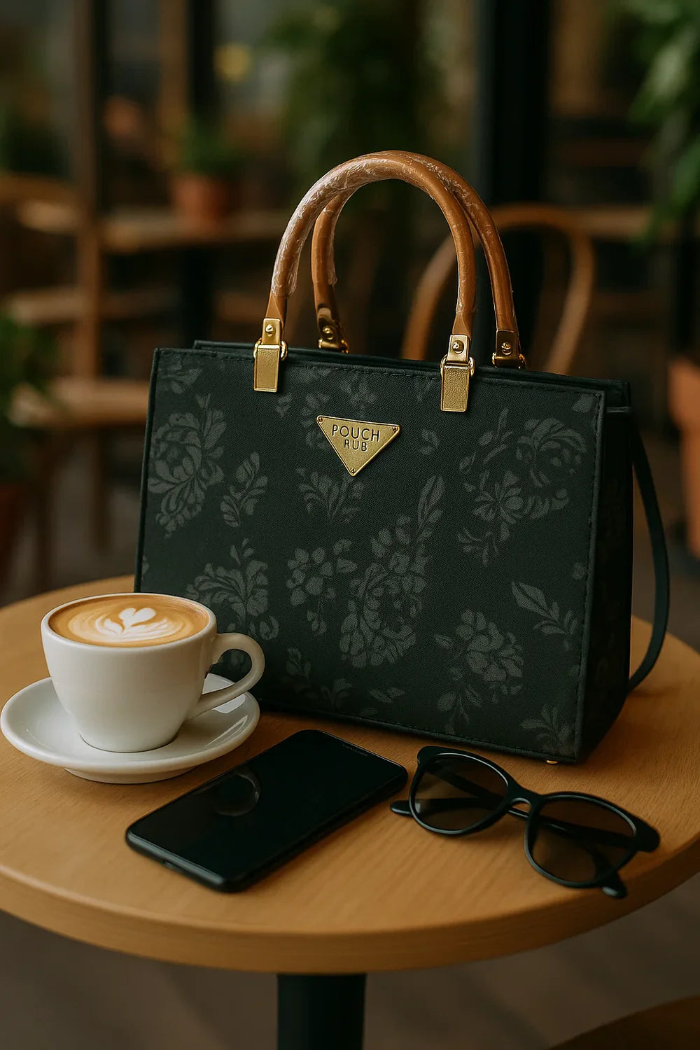 Elegant Black Floral Embossed Handbag with Wooden Handles