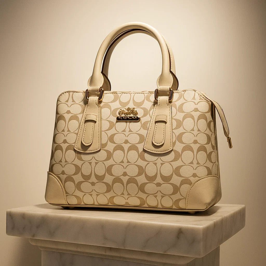 Classic Beige Signature Canvas Handbag with Leather Trim
